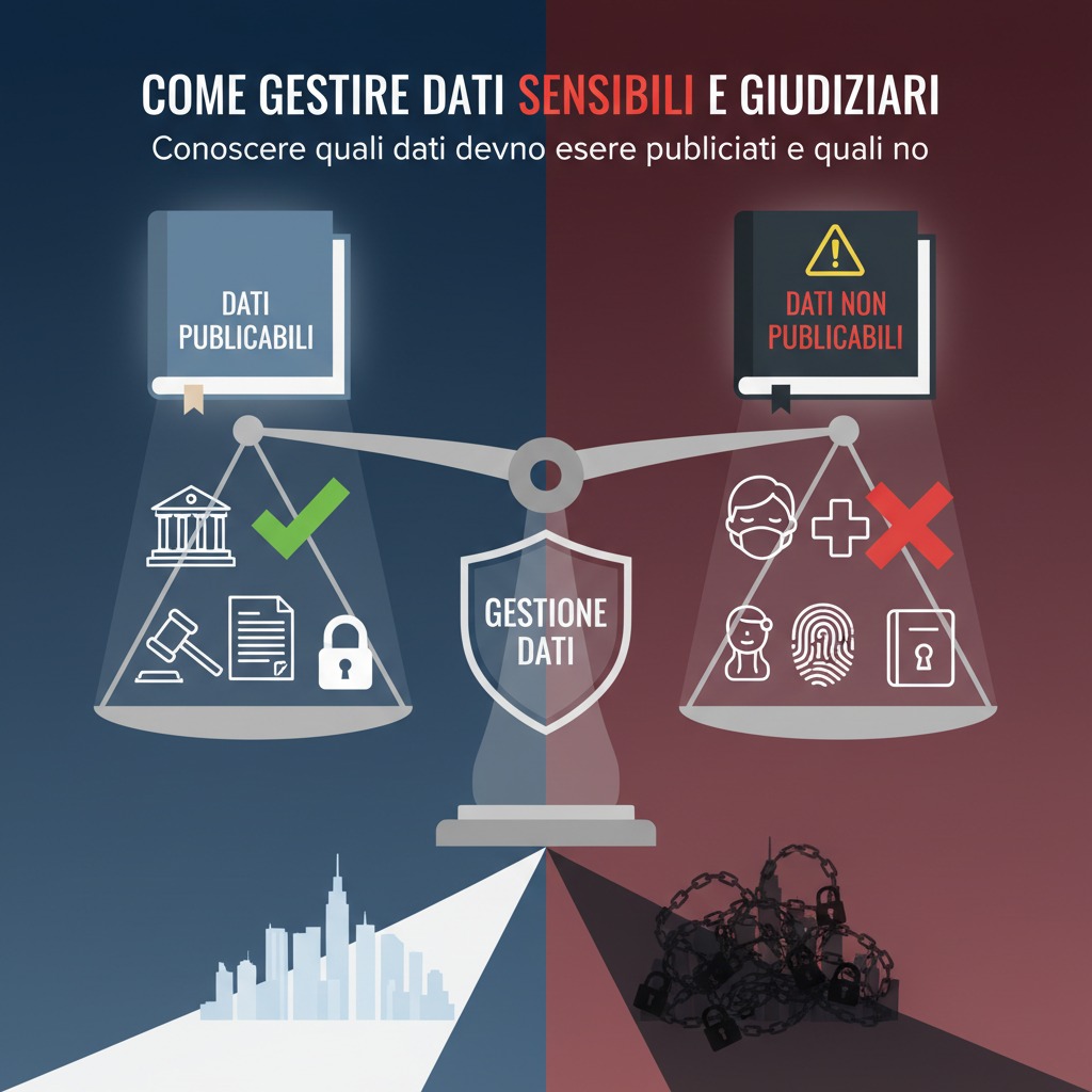 Un'infografica mostra una bilancia che confronta i dati pubblicabili, associati a icone legali positive, con i dati non pubblicabili, associati a icone mediche e biometriche riservate.