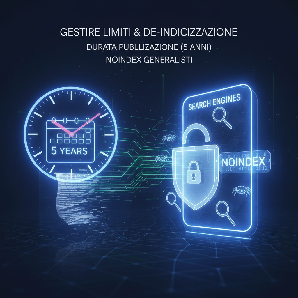 Un'infografica mostra un orologio con un calendario segnato con "5 years" collegato a uno smartphone con un lucchetto e la scritta "noindex".
