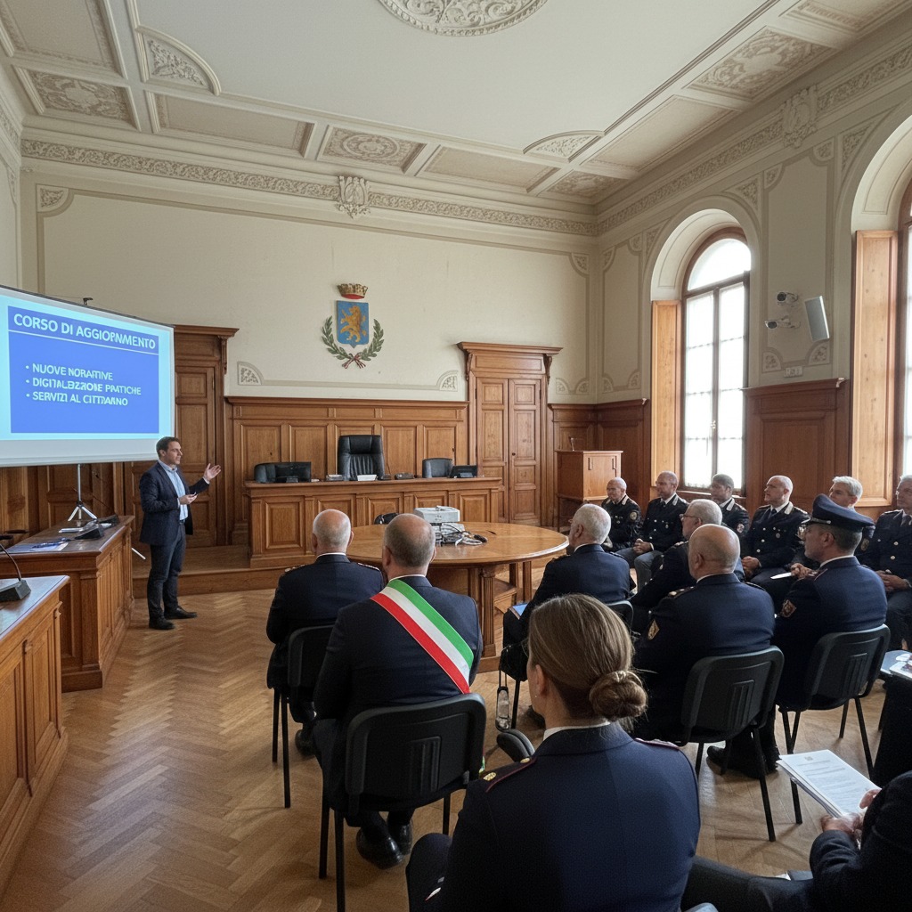 Un relatore parla durante una conferenza in una sala istituzionale con boiserie in legno, davanti a un pubblico seduto che include autorità locali e personale in divisa.