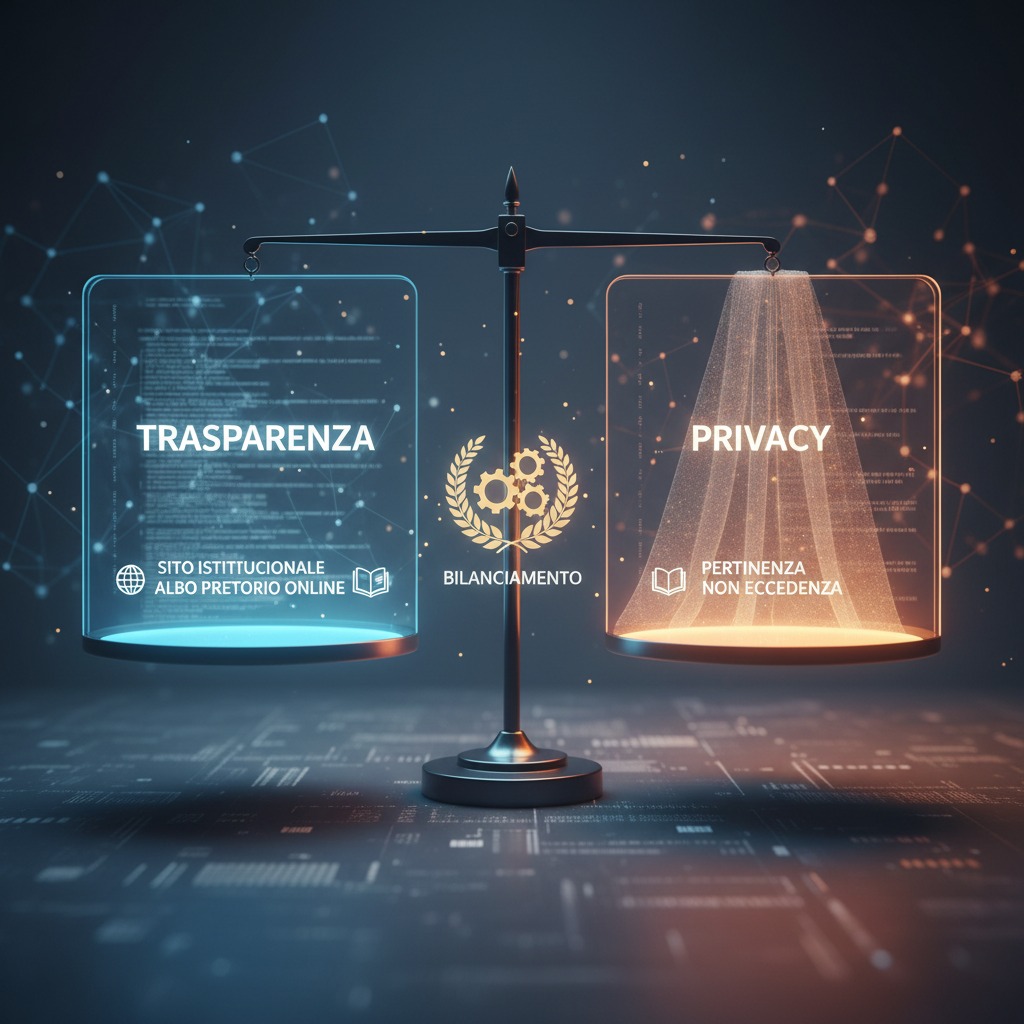Una bilancia digitale illustra il bilanciamento tra trasparenza e privacy con icone e scritte esplicative su sfondo scuro.